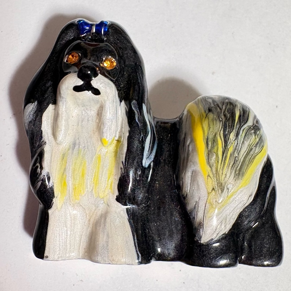 Vintage black, white and yellow Shih Tzu dog brooch